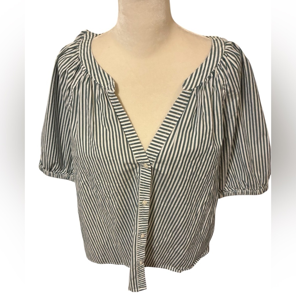 Vineyard Vines Women’s Top Sz L Striped Puff Sleeve Button Front Cotton Blend